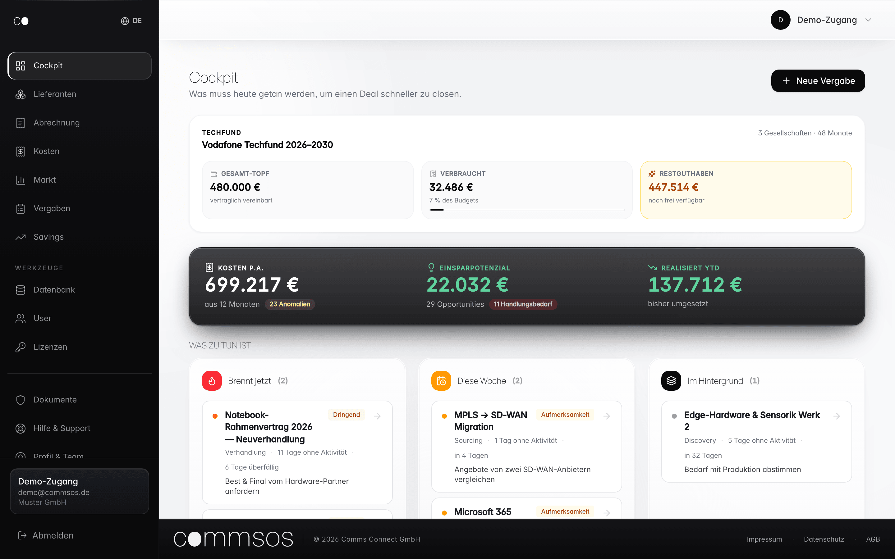 CommsOS Cockpit: IT-Spend, Einsparpotenzial und auslaufende Vertr&auml;ge auf einen Blick
