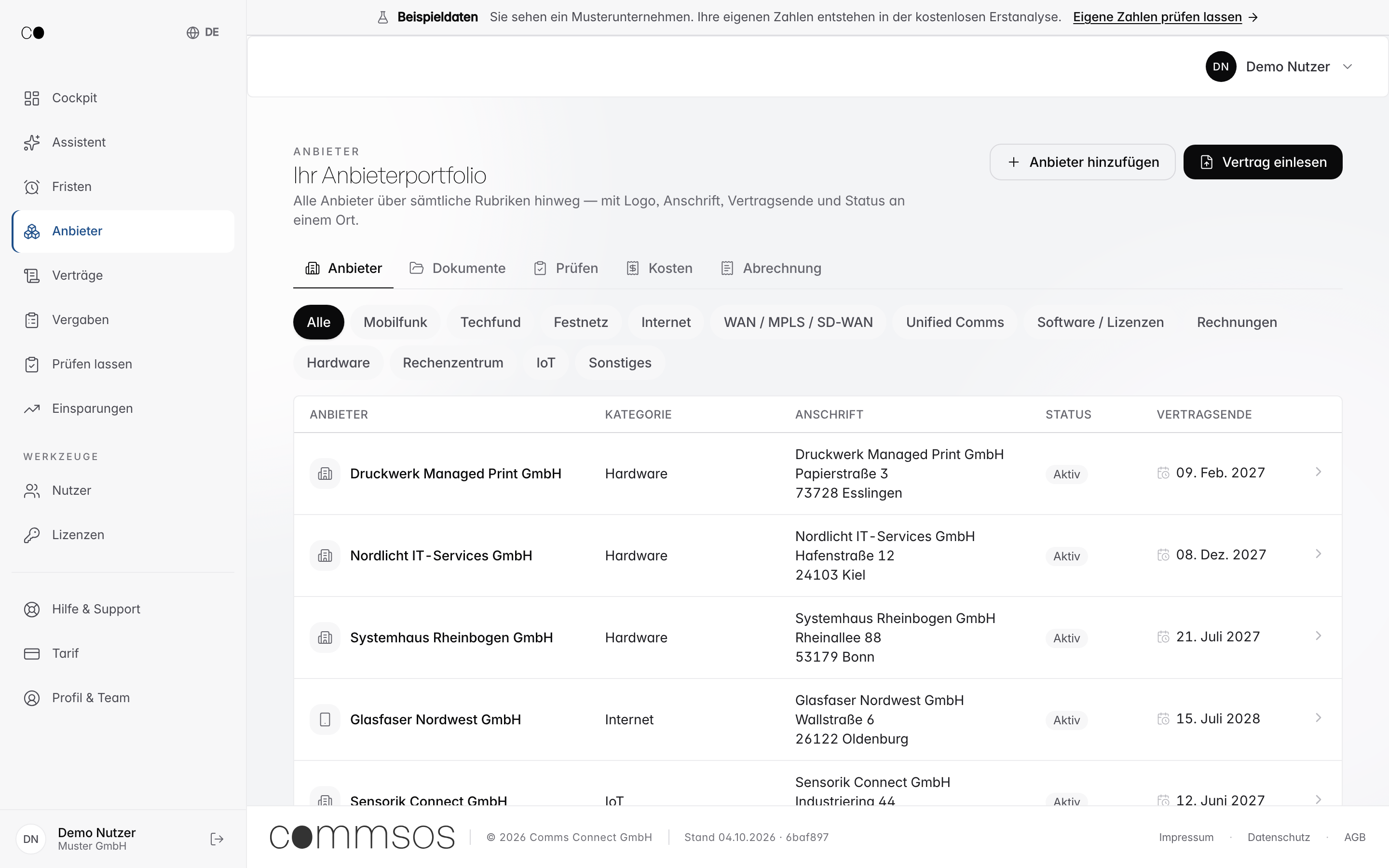 CommsOS provider catalogue with category pills, address and contract expiry